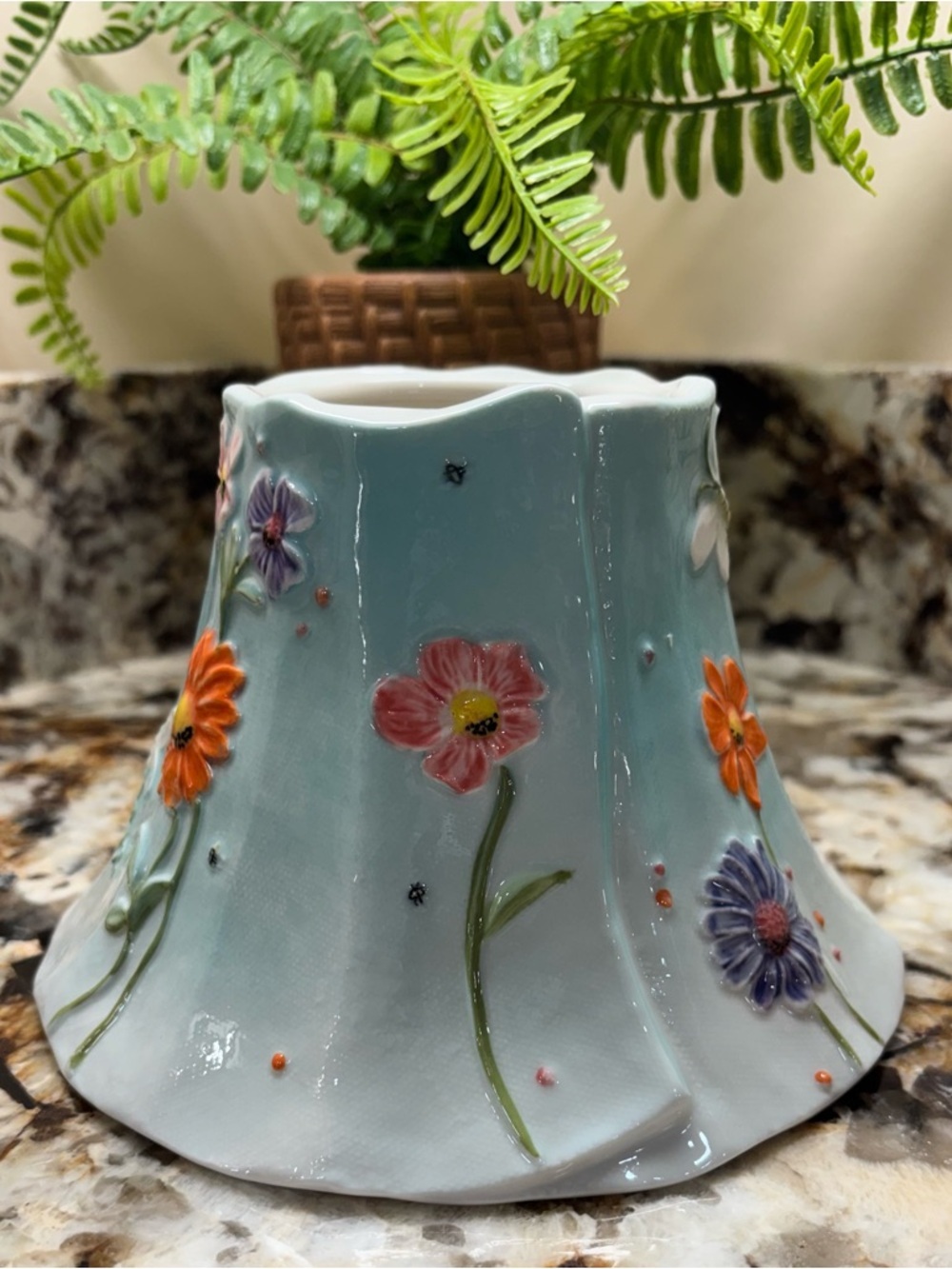 Yankee Candle  Floral Ceramic Lamp Shade - Pastel Blue with Multicolor Flowers